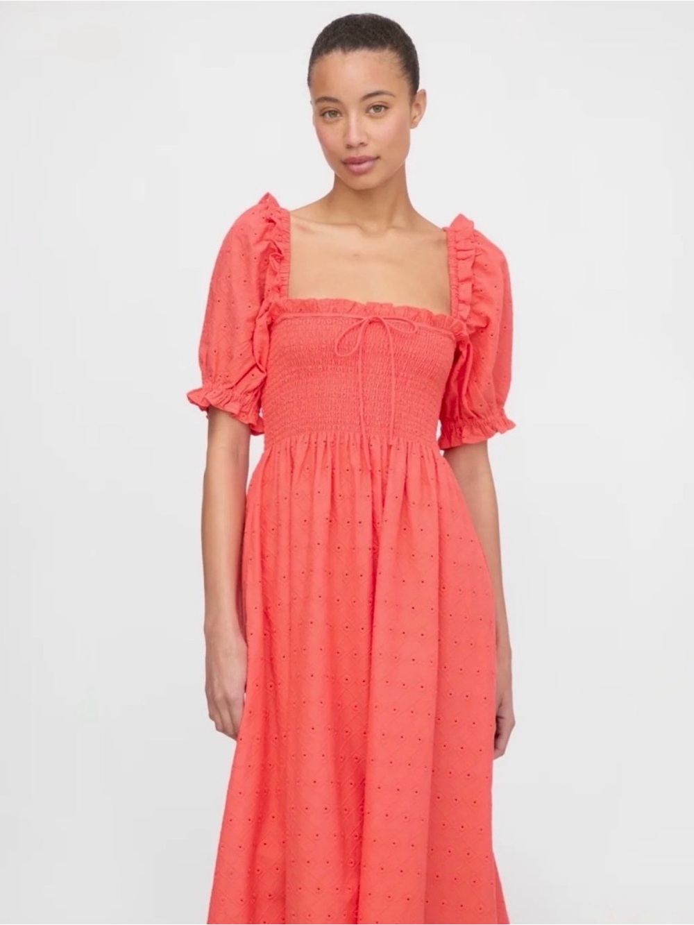 Hill House Scarlett Coral Eyelet Smocked Midi Dress XS EUC